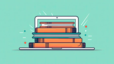 Laptop with a stack of books flat illustration - Generative AI.の素材