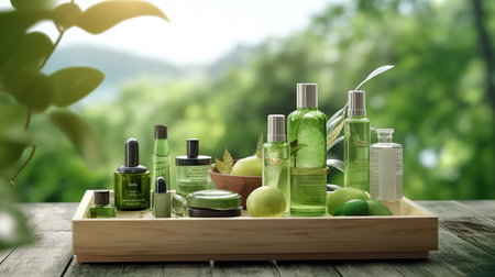 Beauty products on a wooden stand photo realistic illustration - Generative AI.の素材