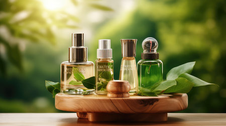Beauty products on a wooden stand photo realistic illustration - Generative AI.の素材