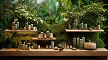 Cosmetics display featuring a wooden podium photo realistic illustration - Generative AI.の素材