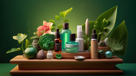 Wooden podium with cosmetix products photo realistic illustration - Generative AI.の素材