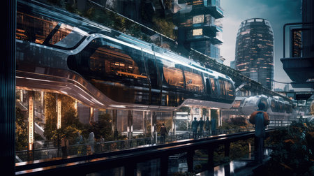 Levitating trains and towering glass towers photo realistic illustration - Generative AI.の素材