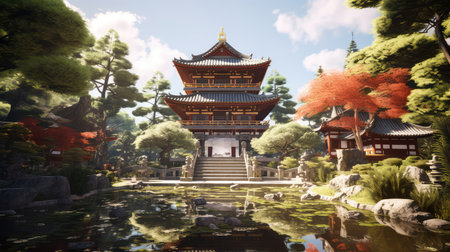 A traditional Japanese temple photo realistic illustration - Generative AI.の素材