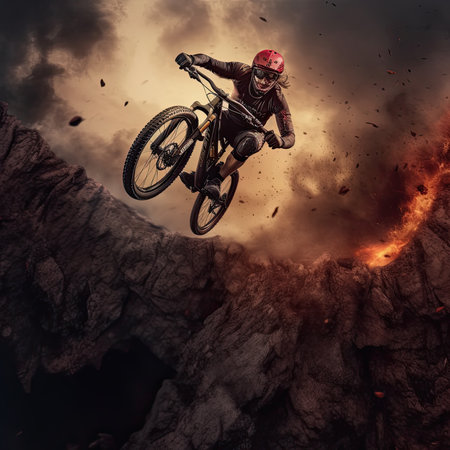 Mountain biker soaring photo realistic illustration - Generative AI.の素材