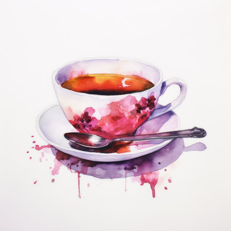 Tea watercolor illustration - Generative AI.の素材