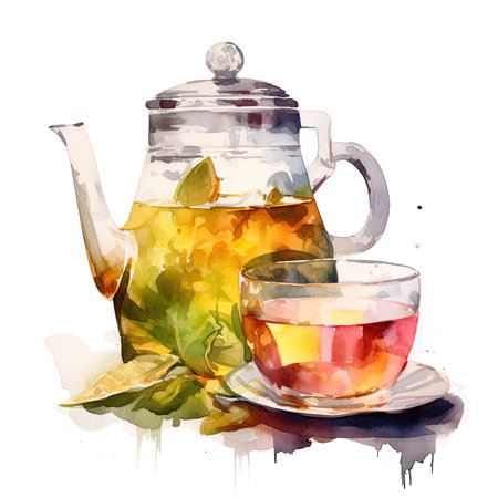 Tea watercolor illustration - Generative AI.の素材