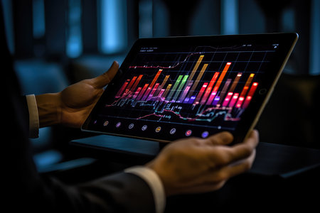 Businessman analyzing a dynamic graph photo realistic illustration - Generative AI.の素材