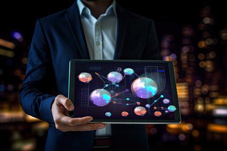 Businessman holding a tablet photo realistic illustration - Generative AI.の素材