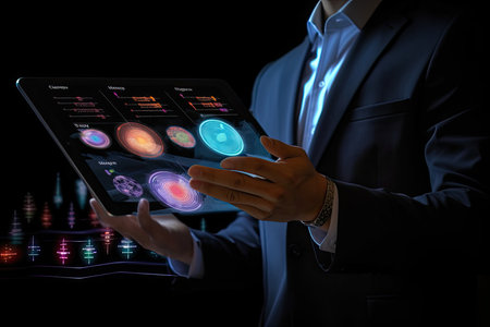 Businessman holding a tablet photo realistic illustration - Generative AI.の素材