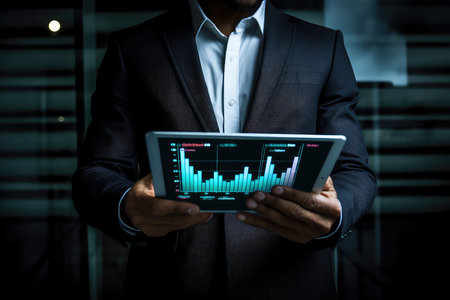 Businessman with a tablet photo realistic illustration - Generative AI.の素材
