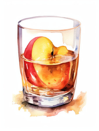 Glass of apple juice watercolor illustration - Generative AI.の素材