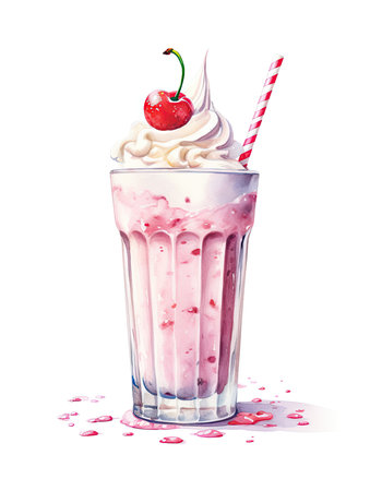 Glass of milkshake watercolor illustration - Generative AI.の素材