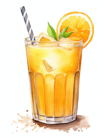 Glass of orange juice watercolor illustration - Generative AI.の素材