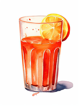 Glass of tomato juice watercolor illustration - Generative AI.の素材