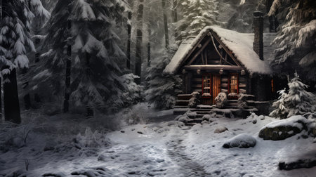 Rustic log cabin photo realistic illustration - Generative AI.の素材