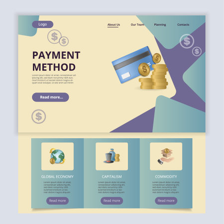 Payment method flat landing page website template. Global economy, capitalism, commodity. Web banner with header, content and footer. Vector illustration.のイラスト素材