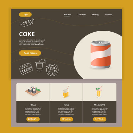 Coke flat landing page website template. Rolls, juice, milkshake. Web banner with header, content and footer. Vector illustration.のイラスト素材