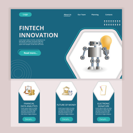 Fintech innovation flat landing page website template. Financial data analytics, future of money, electronic signature. Web banner with header, content and footer. Vector illustration.のイラスト素材
