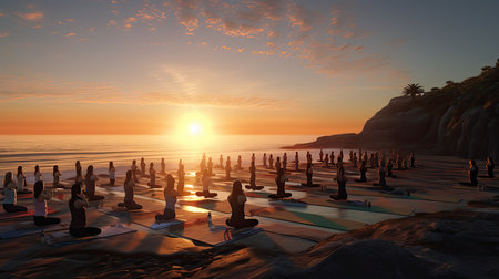 A beachfront yoga session at dawn ultra realistic illustration - Generative AI.の素材