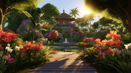 A serene garden setting for yoga practice ultra realistic illustration - Generative AI.の素材