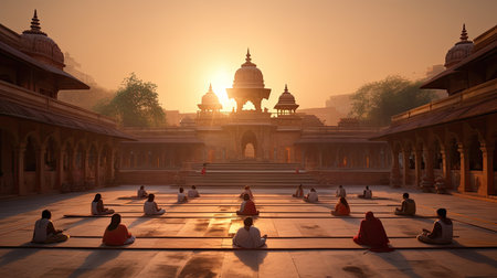 A serene yoga session in a temple courtyard ultra realistic illustration - Generative AI.の素材