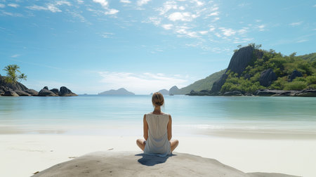 A yoga practicioner on a remote island ultra realistic illustration - Generative AI.の素材