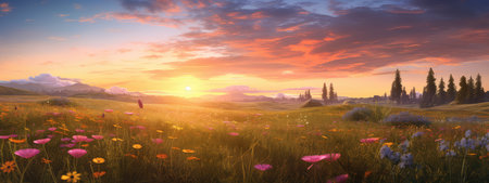 Wildflower meadow at golden hour photo realistic illustration - Generative AI.の素材