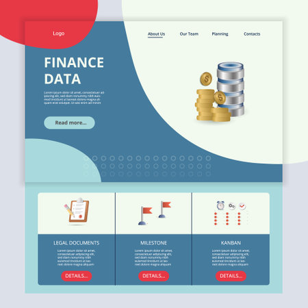 Finance data flat landing page website template. Legal documents, milestone, kanban. Web banner with header, content and footer. Vector illustration.のイラスト素材