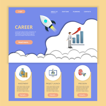 Career flat landing page website template. Investment, project launch, precision. Web banner with header, content and footer. Vector illustration.のイラスト素材