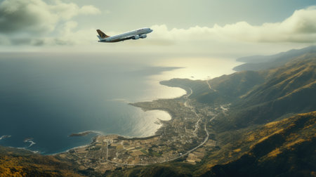 A cargo plane in mid-flight photo realistic - Generative AI.の素材