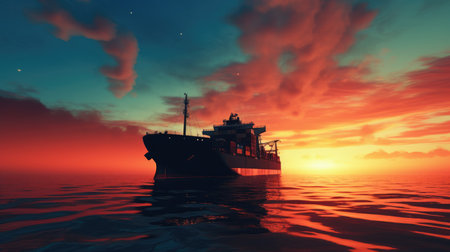A cargo ship in warm colors of sunlight at sunset photo realistic - Generative AI.の素材