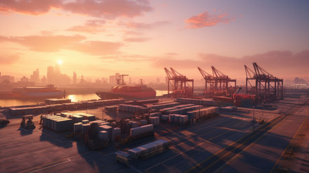 An expansive cargo terminal at sunrise photo realistic - Generative AI.の素材