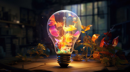 A bulb-shaped lamp shining brightly in an explosion of colorful inspiration ultra realistic illustration - Generative AI.の素材