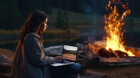 A woman sits on a laptop by a campfire photo realistic illustration - Generative AI.の素材