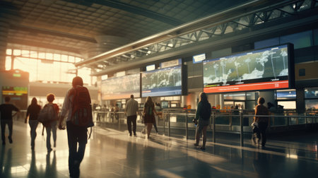 A bustling airport terminal photo realistic illustration - Generative AI.の素材