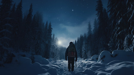 A man bundled up in warm gear snowshoeing photo realistic illustration - Generative AI.の素材