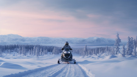 A man expertly navigating a snowmobile photo realistic illustration - Generative AI.の素材