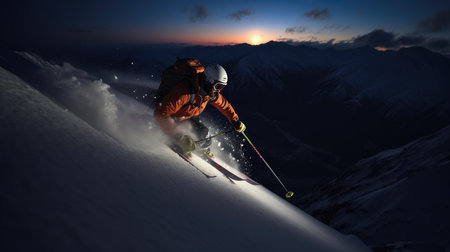 A man skiing on a steep mountain photo realistic illustration - Generative AI.の素材
