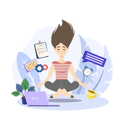 Stability illustration. Stability in life concept. Girl along thin stick standing on roller. Metaphor of mental health and strong psychology.のイラスト素材