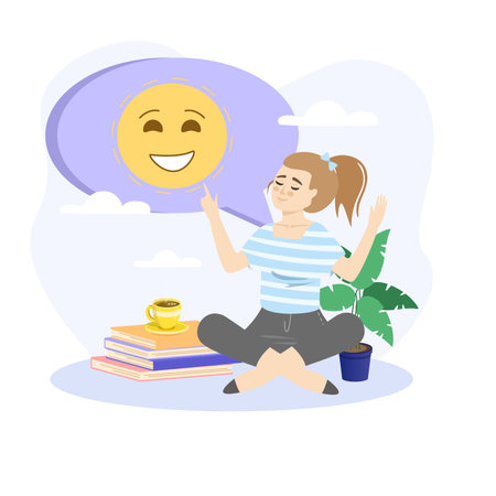 Optimism illustration. Happy woman sitting and singing. Concept of optimism, feeling of happiness, positive thoughts or emotions, good mood, optimistic point of view.のイラスト素材