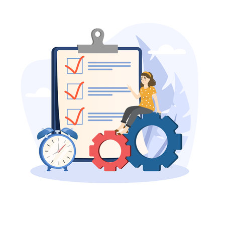 Responsibility illustration. Checklist for work completion, review plan and achievement concept standing with pencil after completed all tasks checklist.のイラスト素材