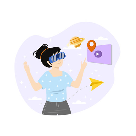 Interactive simulations illustration. Cyberspace. Metaverse Digital Virtual Reality Technology. Innovation Interactive Education at Home. Woman in VR Glassesのイラスト素材