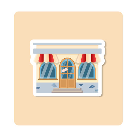 Shop sticker illustration. Building, window, door, roof, tree. Editable vector graphic design.のイラスト素材