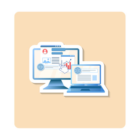 IT management sticker illustration. Monitor, gear, hand, chart, arrow. Editable vector graphic design.のイラスト素材