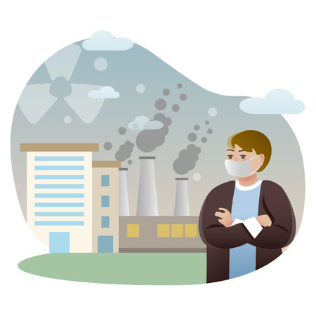 Air pollution illustration. Person, mask, factory, building. Editable vector graphic design.のイラスト素材