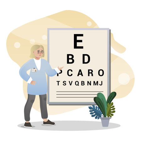 Eyesight Check illustration. Woman, doctor, board, letters. Editable vector graphic design.のイラスト素材