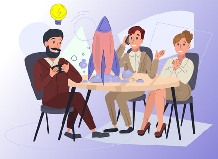 Startup illustration. People, rocket, lightbulb, table. Editable vector graphic design.のイラスト素材