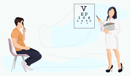 Eyesight check illustration. Man, doctor, board, woman. Editable vector graphic design.
