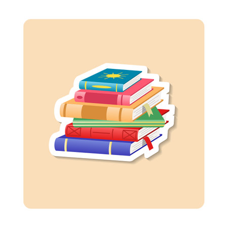 Books sticker illustration. Book, stack, bookmark, variety. Editable vector graphic design.のイラスト素材