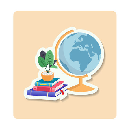 Globe sticker illustration. Ball, plant, books, stand. Editable vector graphic design.のイラスト素材